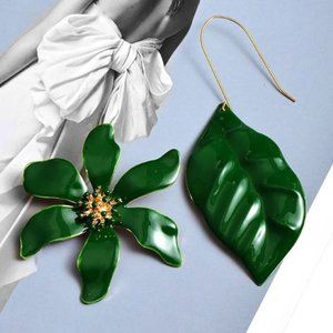 Tropical leaf earrings bohemian metal boho chic monstera leaves gold green